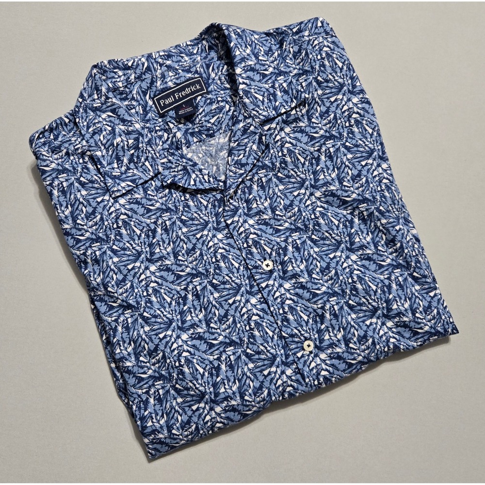 Paul Fredrick Shirt Mens Large Blue Tropical Leaf Camp Collar Cotton Button